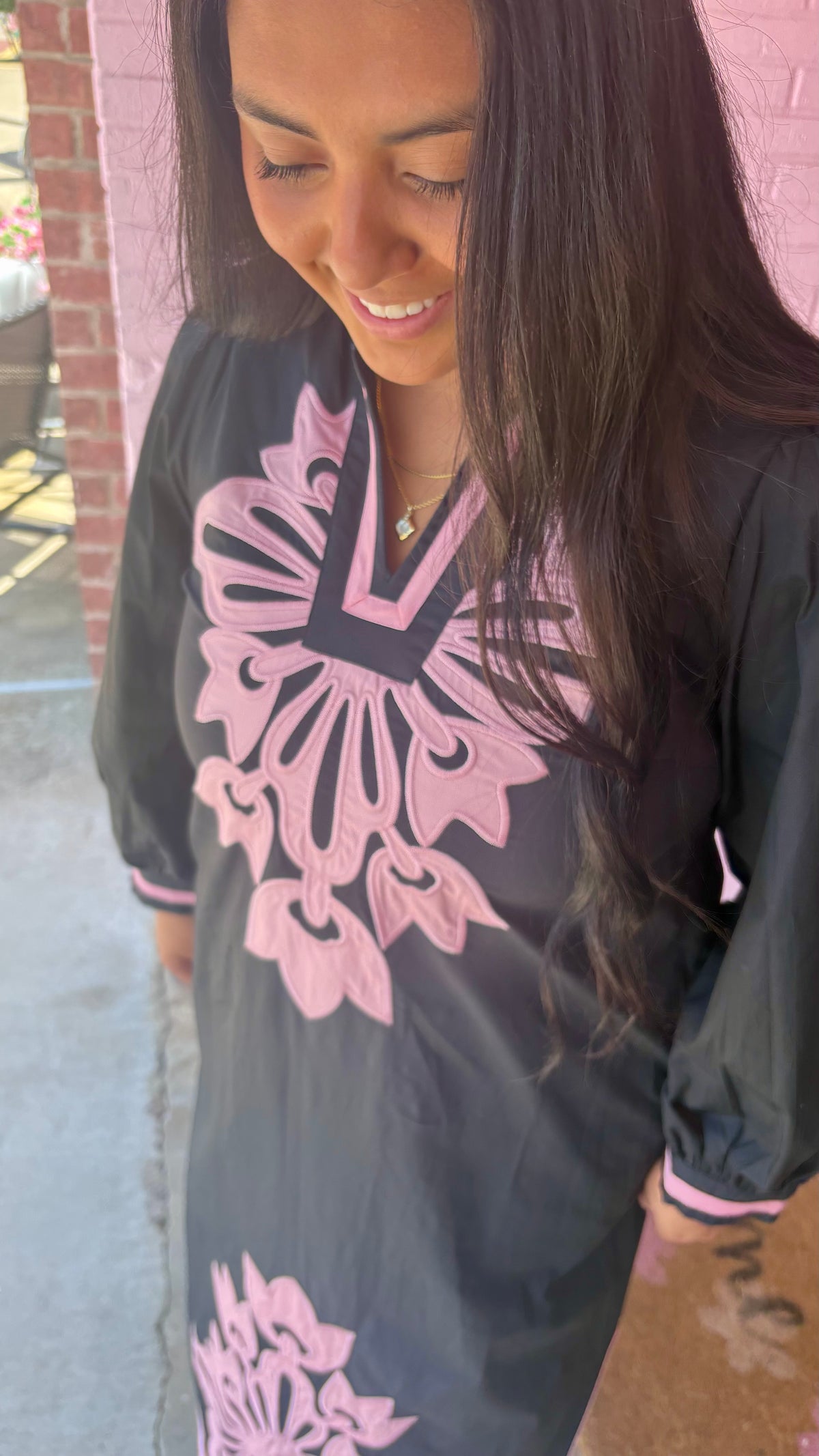 Black Floral Appliqué Midi Dress with large pink embroidery and puff sleeves, available in sizes XS-XL.