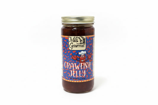 Glass jar of Crawfish Jelly with metal lid; label has cartoon crawfish chef and bold red text. Available in 8oz and 16oz sizes.
