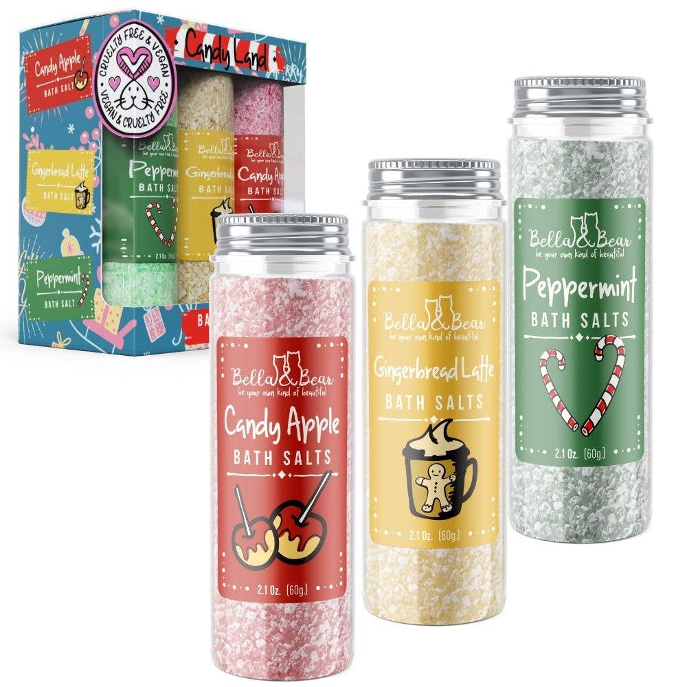 Three 2.1 oz. bath salts in Candy Apple, Gingerbread Latte, and Peppermint scents.