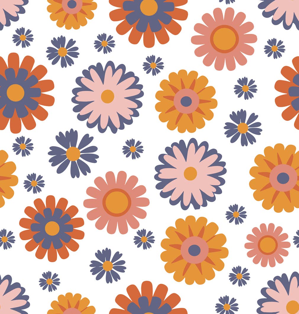 Retro daisy floral print in orange, peach, mauve, and purple on white. Available in sizes 2T-7 for Girls Blue Check Flower Power Short Set.