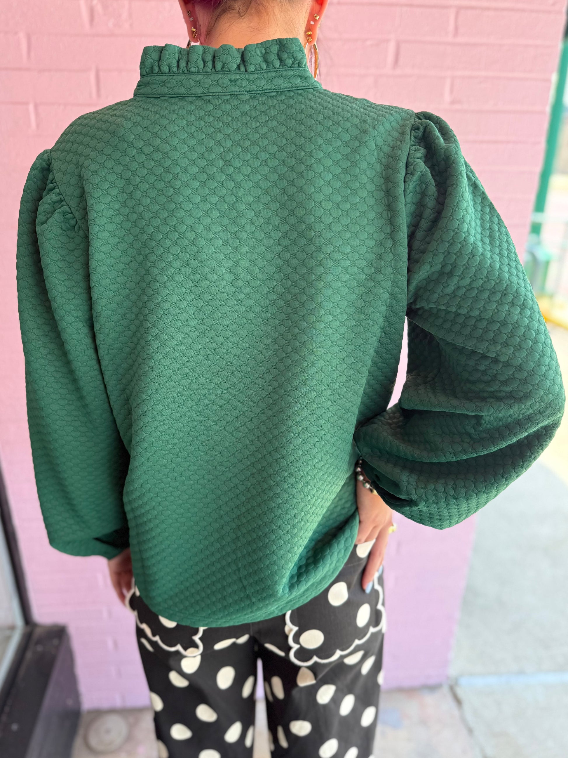 Hunter Green Textured V-neck Pullover with puffed sleeves, available in sizes XS-XL.