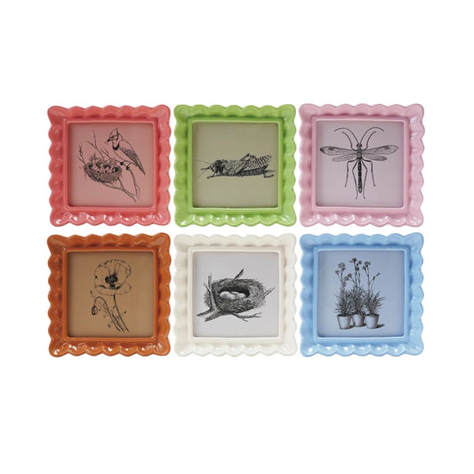 Set of six 4x4" square ceramic trays with wavy edges, assorted colors, black illustrations: bird, grasshopper, dragonfly, poppy, nest, plants.