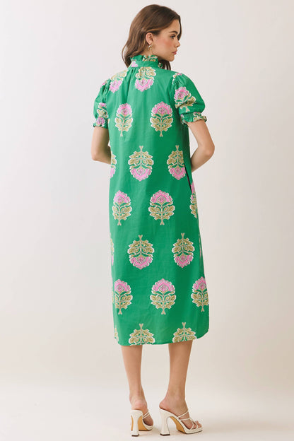 Green Floral Print Ruffle Collar Midi Dress