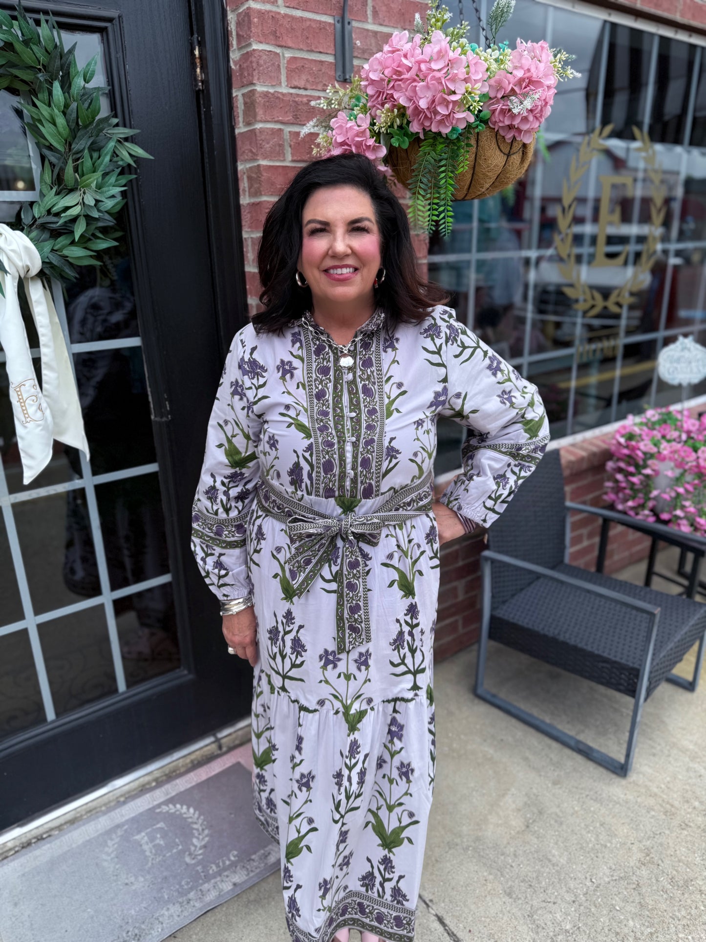 Iris Lavende Caroline Maxi Dress with flowing silhouette and delicate lavender hue, available in sizes XS–XL.