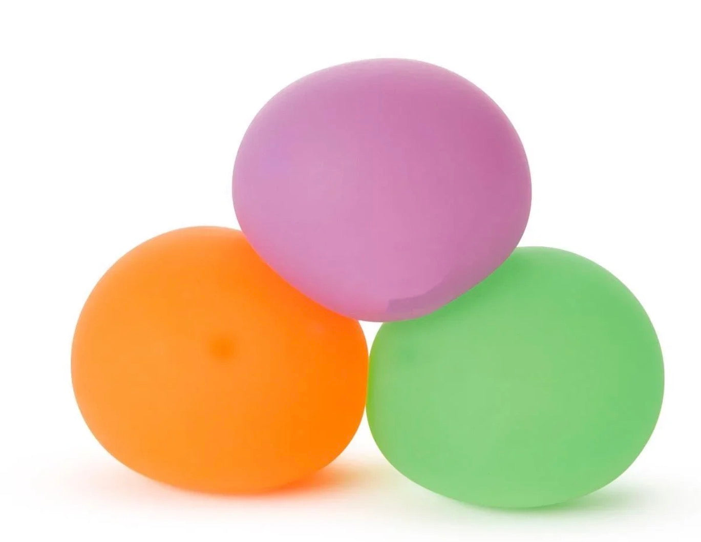 Glow In The Dark Blob Squishies in orange, purple, and green; round and smooth; available in small, medium, and large sizes.