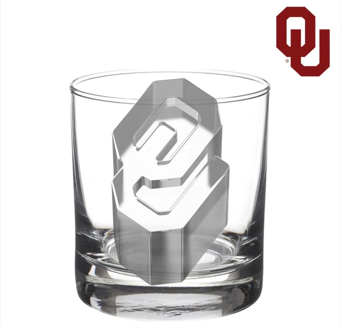 Large University Ice Mold forms a single, large Oklahoma University logo-shaped ice cube in a clear glass. Available in various sizes.