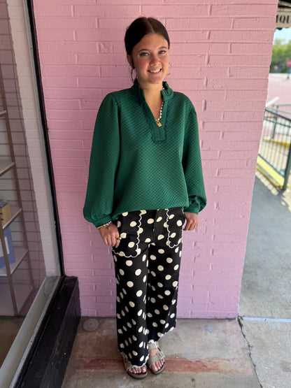 Polka Dot Scalloped Jeans available in sizes 24-32. Features a polka dot pattern and scalloped hem.