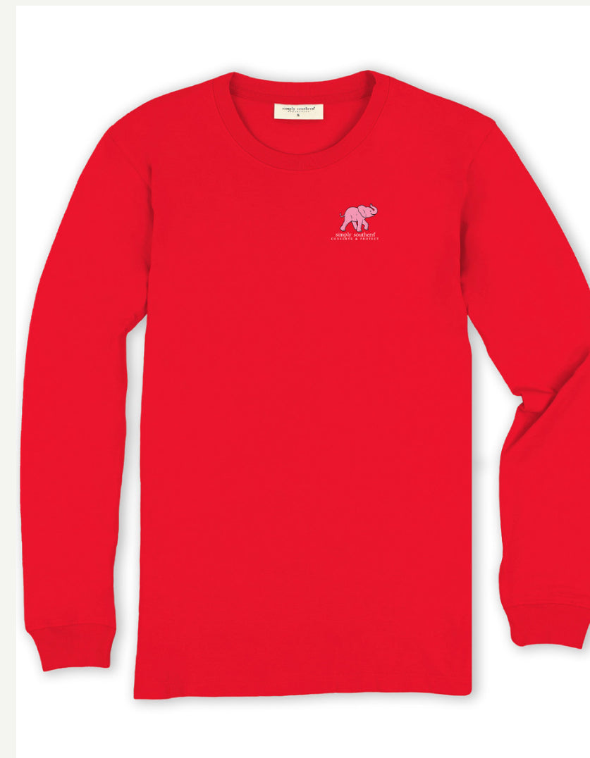 Red Cookie red long-sleeve T-shirt with pink elephant logo on chest. Available in various sizes.