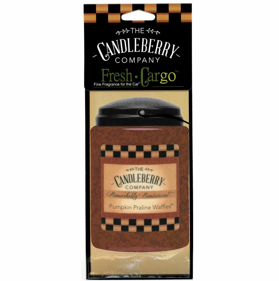 The Candleberry Company Car Freshener in Pumpkin Praline Waffles scent, rectangular jar package with checkered label, available in multiple sizes.