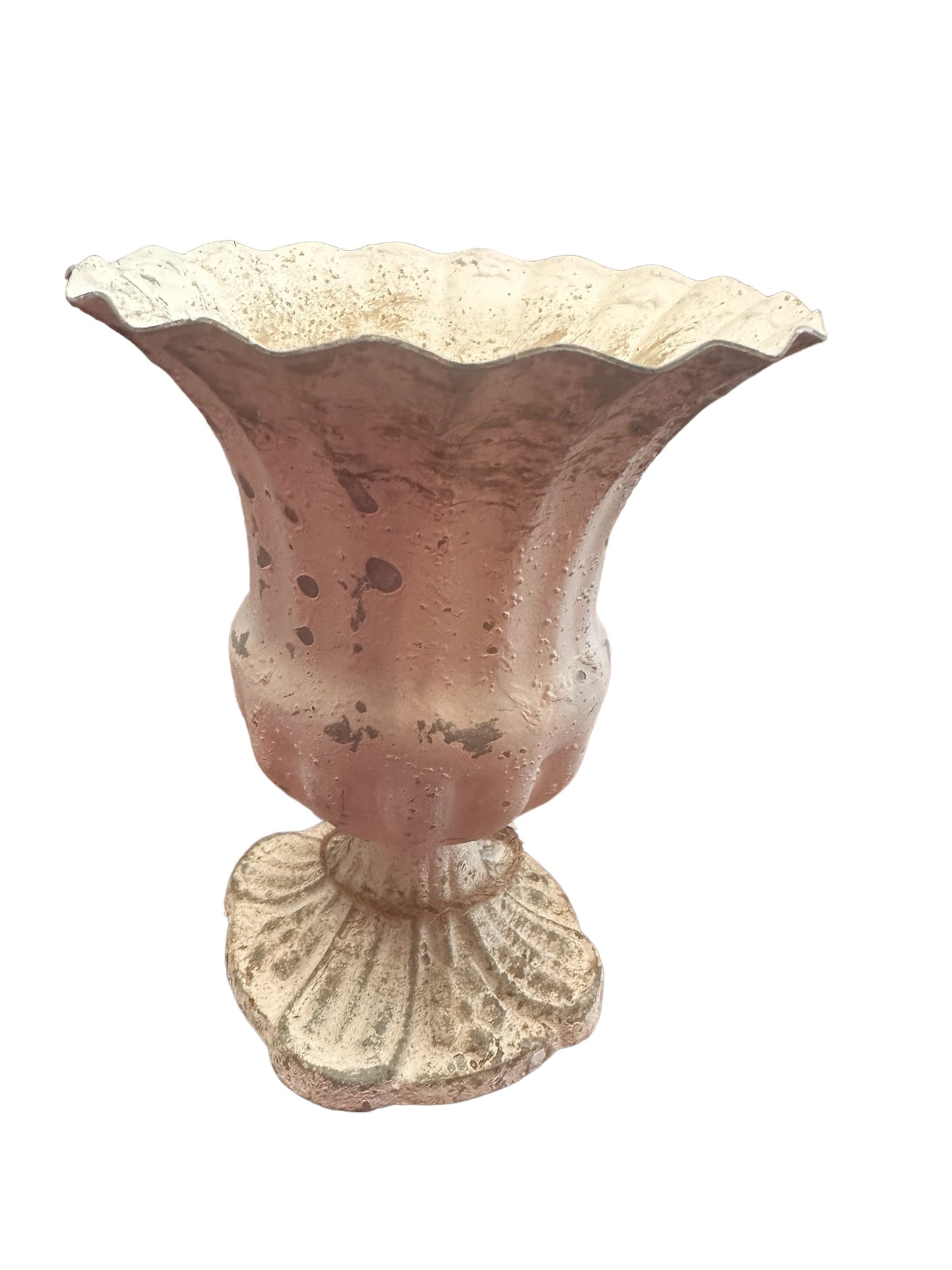 A vintage, weathered white urn metal with a scalloped rim. Fluted design, worn pinkish-brown coloring, textured round base. Aged with spots of patina and rust. Sizes available: Small, Medium, Large.