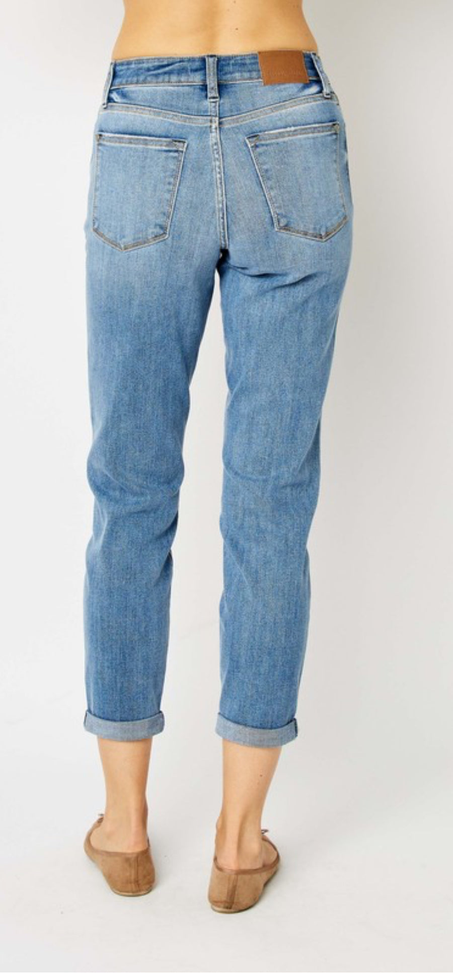 Judy Blue Mid Rise Slim Fit Cuffed Jeans, light blue. Available in sizes 24-32.