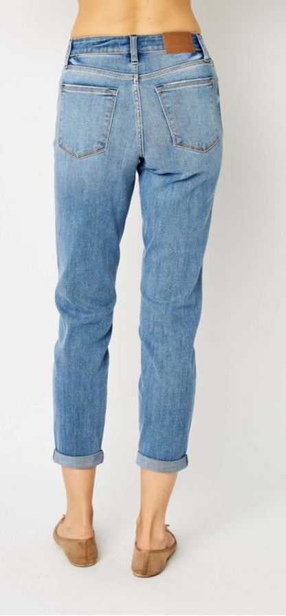 Judy Blue Mid Rise Slim Fit Cuffed Jeans, light blue. Available in sizes 24-32.