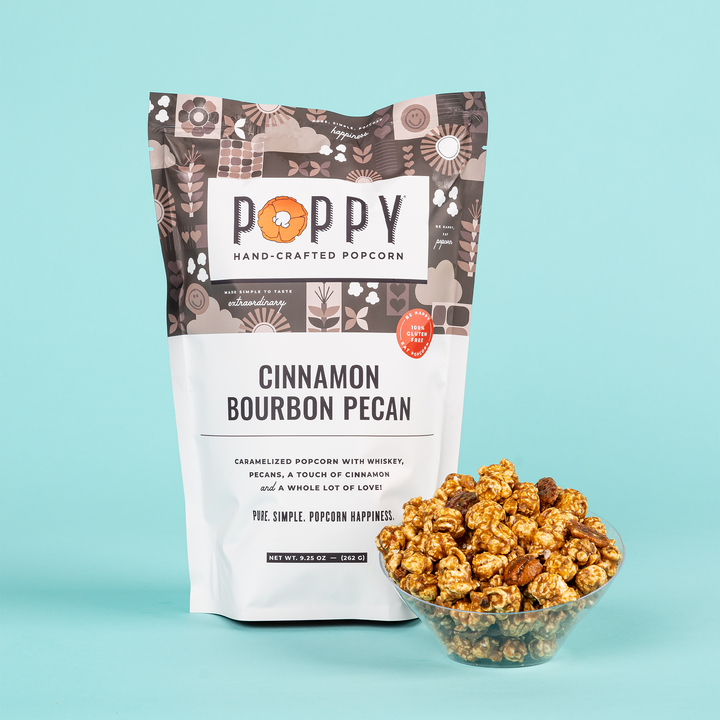 Cinnamon Bourbon Pecan Popcorn in a stand-up pouch, gluten-free. Available in small, medium, and large sizes.