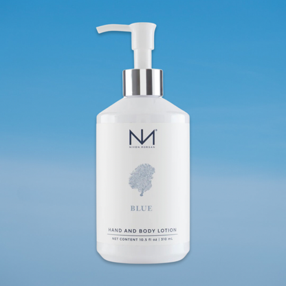 White "Blue Hand and Body Lotion" bottle with silver accents, small tree graphic. Available in 8oz and 16oz sizes.