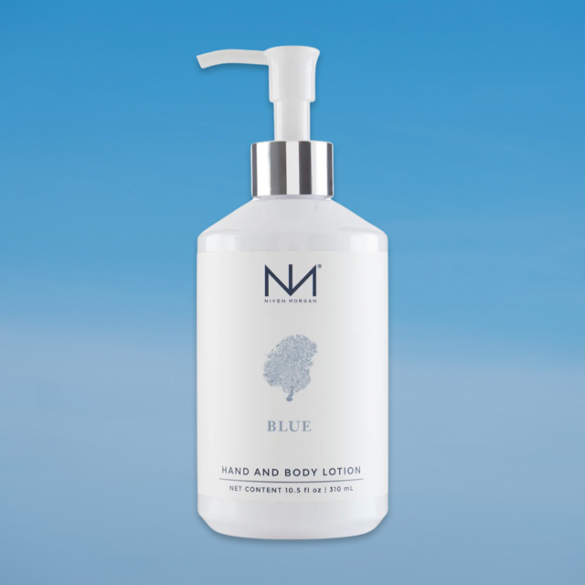 White "Blue Hand and Body Lotion" bottle with silver accents, small tree graphic. Available in 8oz and 16oz sizes.