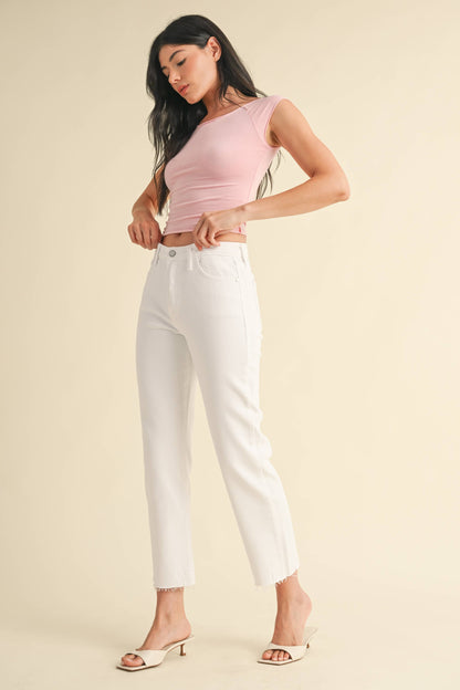 The Vintage Slim Straight Jeans in White shown; available in sizes 24–32.