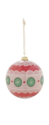 Round ornament with red, pink, and green patterns, hanging from a white string. Available sizes: small, medium, large.