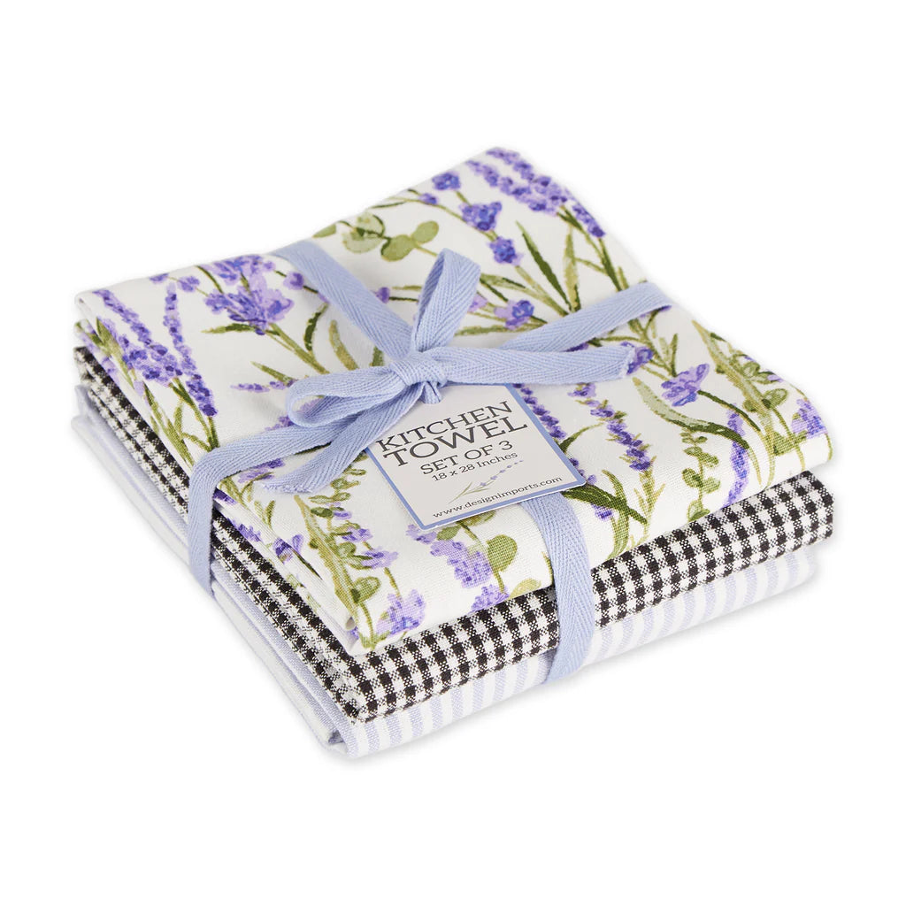 Set of 3 dishtowels: lavender floral, blue/white check, blue/white stripe, tied with light blue ribbon. Sizes: 18"x28".