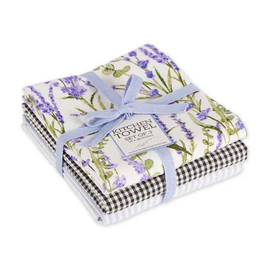 Set of 3 dishtowels: lavender floral, blue/white check, blue/white stripe, tied with light blue ribbon. Sizes: 18"x28".