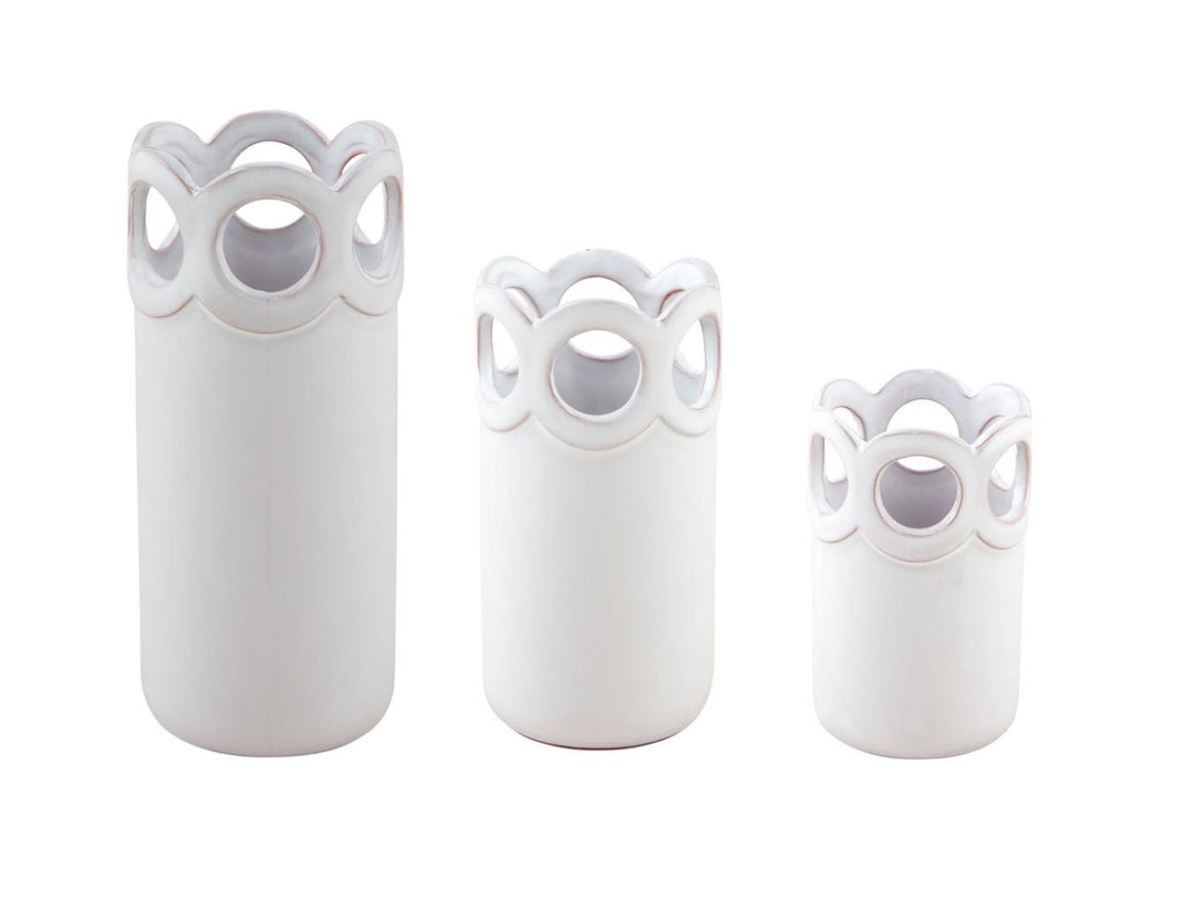 The Scalloped Bud Vases: set of three white ceramic vases, decorative openwork rims, available in small, medium, and large sizes.