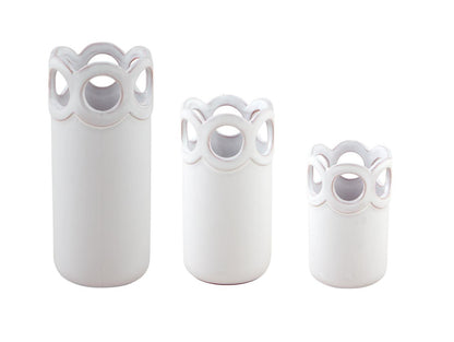 The Scalloped Bud Vases: set of three white ceramic vases, decorative openwork rims, available in small, medium, and large sizes.