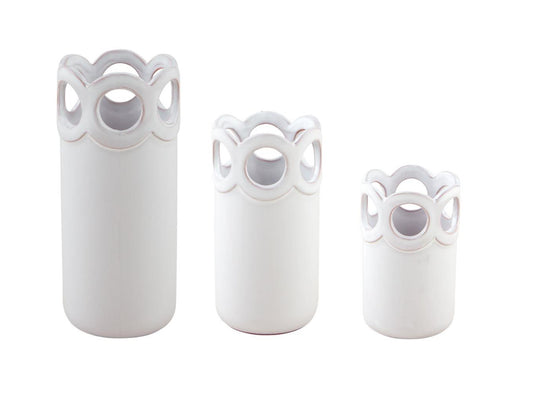 The Scalloped Bud Vases: set of three white ceramic vases, decorative openwork rims, available in small, medium, and large sizes.