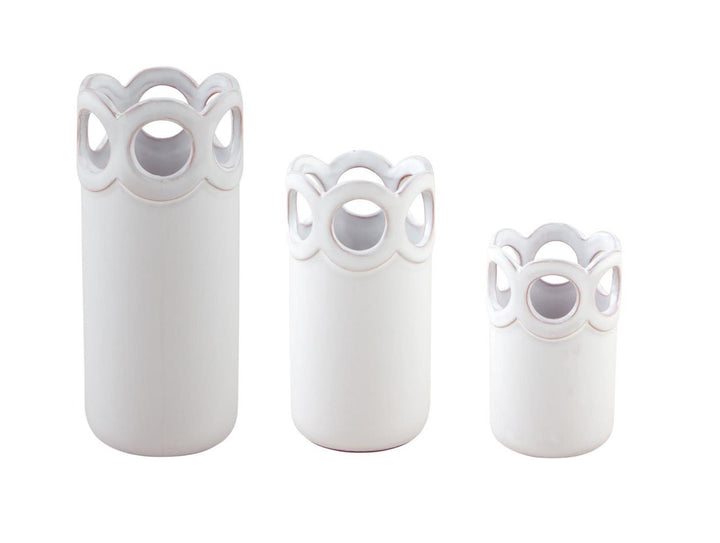 The Scalloped Bud Vases: set of three white ceramic vases, decorative openwork rims, available in small, medium, and large sizes.