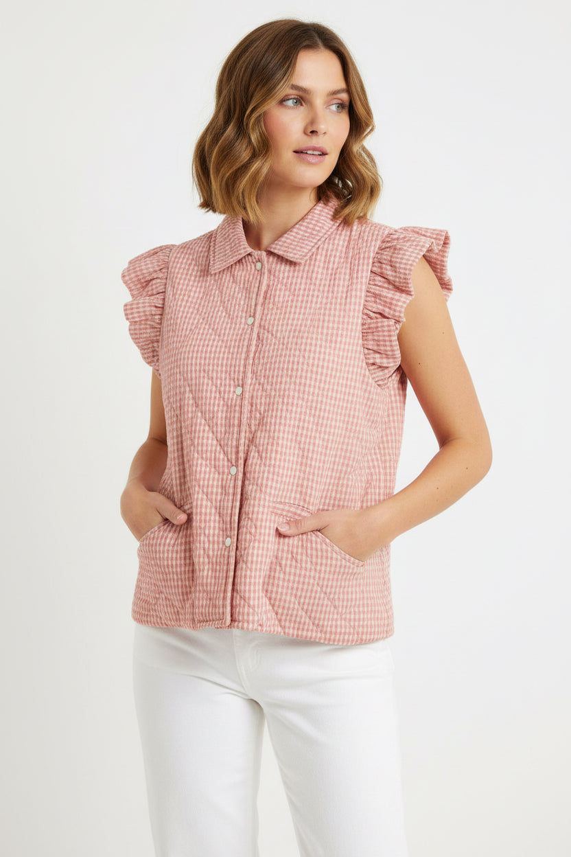 Blush Gingham Puffer Vest, available in sizes XS-XL.