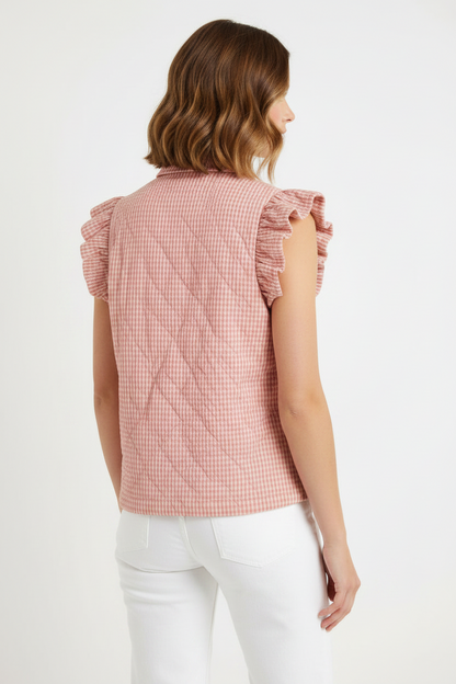 Blush gingham puffer vest, available in sizes XS-XL.