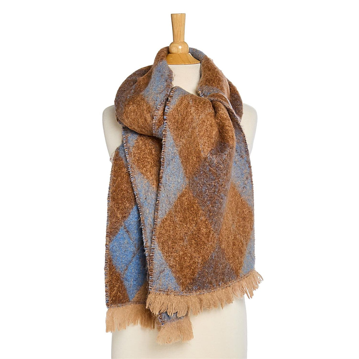 Classic Argyle Scarf in brown and blue argyle pattern with fringed edges, available in sizes S, M, and L. Wool material.