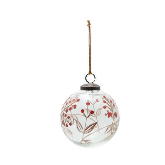 Hand-Painted Etched Glass Berry Design Ball Ornament