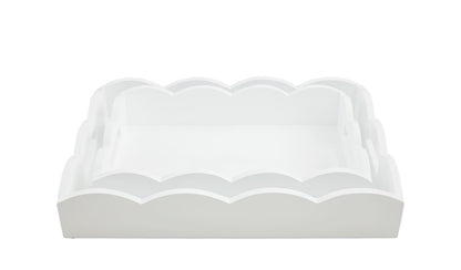 Set of three white rectangular trays with scalloped edges, nested; sizes range from 10" x 15" to 13" x 18".