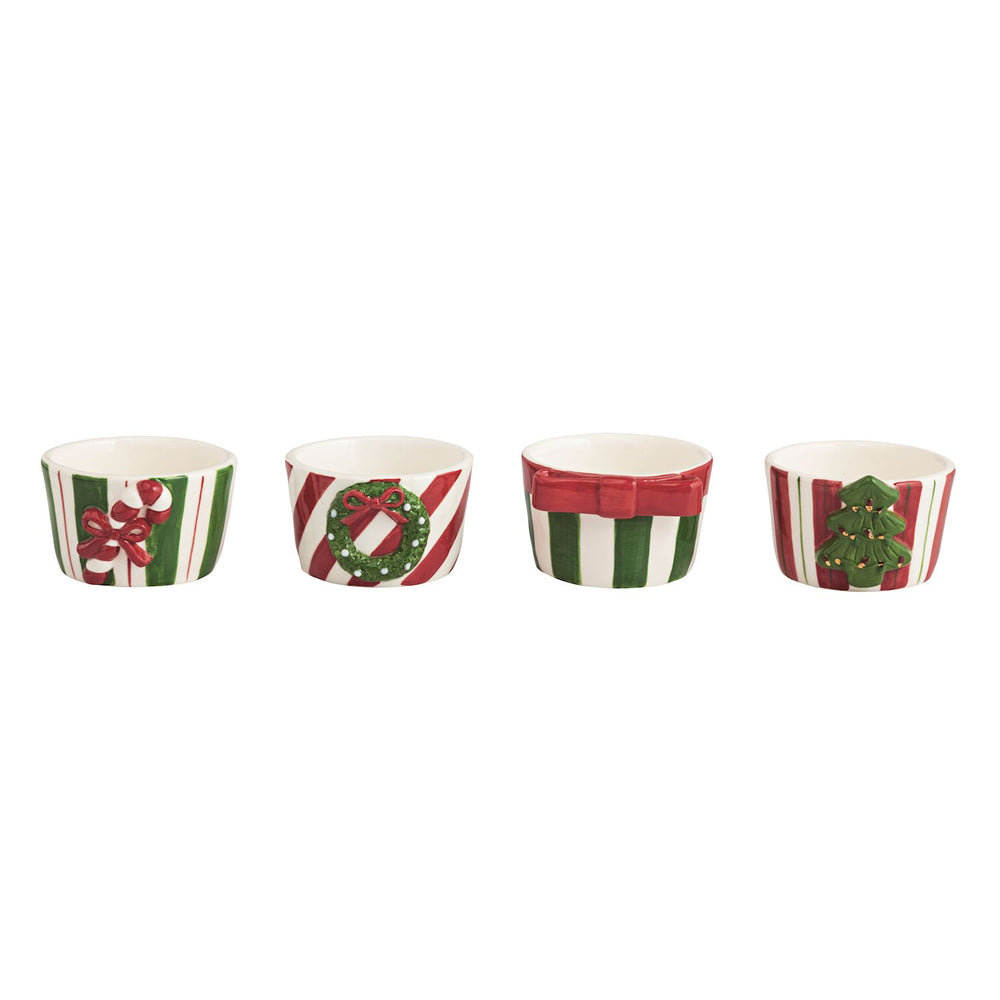Four Bow Christmas Tidbit Bowls, hand-painted stoneware with red and green stripes, featuring a bow, wreath, ribbon, and Christmas tree.
