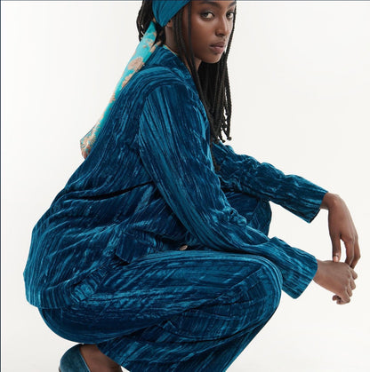 Kim Crushed Blue Velvet Jacket with elegant finish, available in sizes XS–XL.