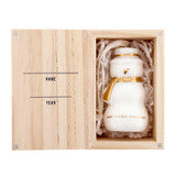 Baby’s First Christmas ceramic snowman ornament with gold scarf in a customizable wooden gift box.