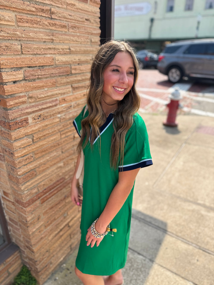 Kelly Green Solid Contrast Accent Dress with unique trim, available in sizes S-XL.