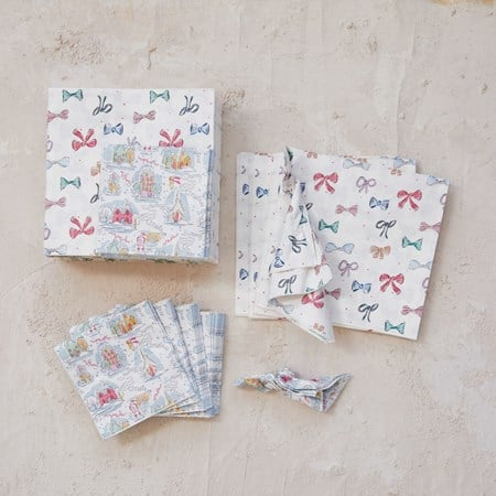 Square 6-1/2” paper napkins with bows pattern, available in assorted pastel designs.