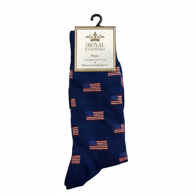 Blue Men’s Stars & Stripes Socks with small American flag pattern, labeled “The Royal Standard.” Sizes available: Men’s.
