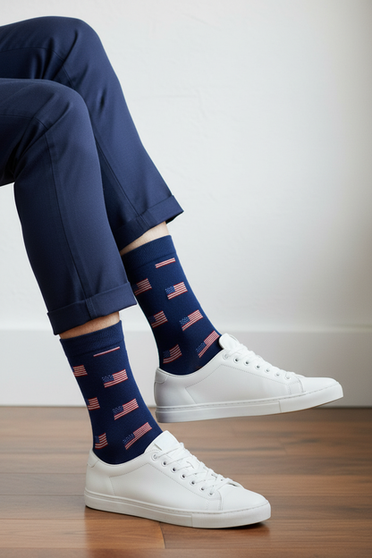 Men’s Stars & Stripes Socks with American flag patterns. Available in sizes M, L, and XL.