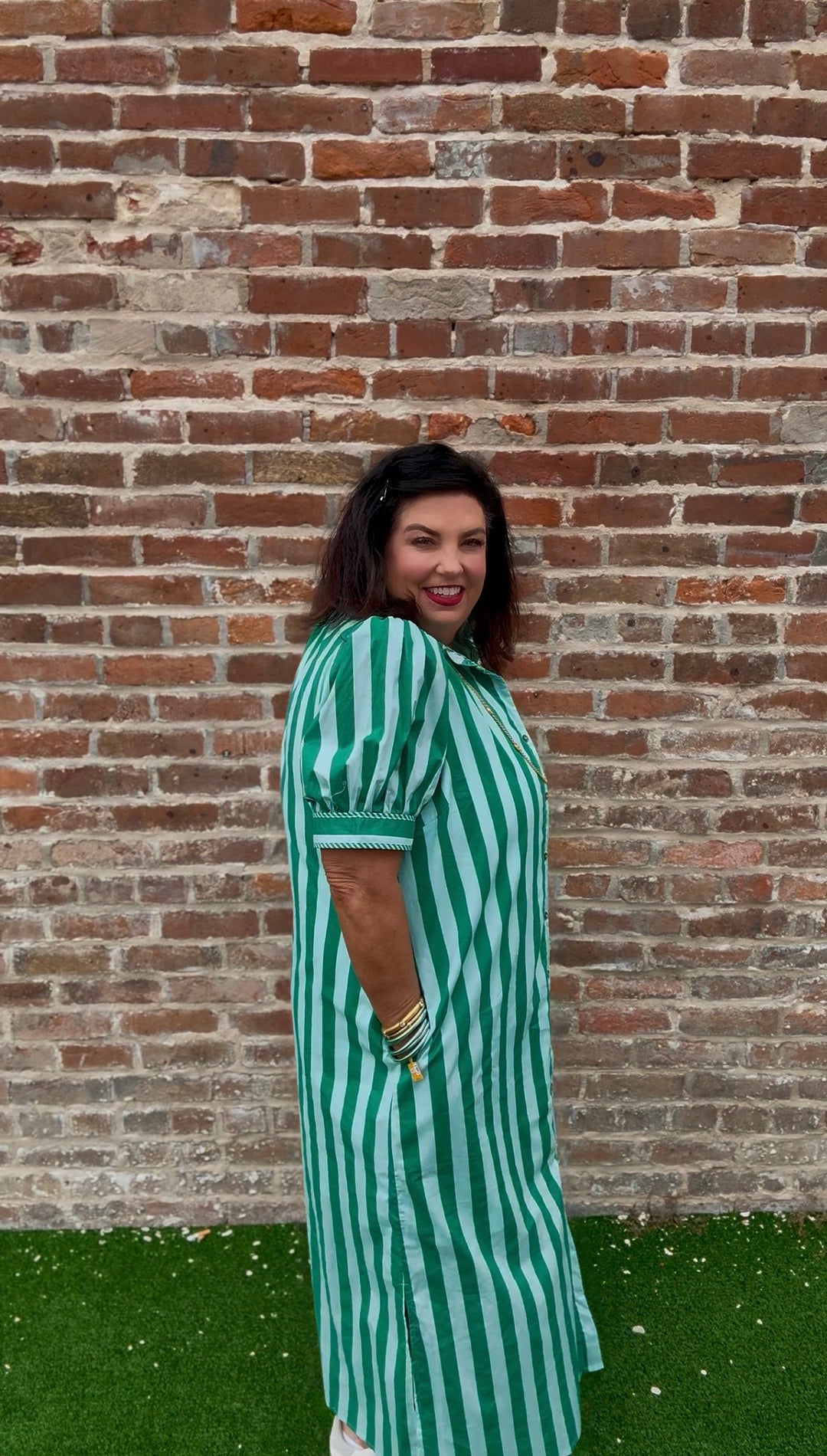 Green stripe ruffle midi dress in reg. &amp; plus sizes, featuring vertical stripes, a collar, puff sleeves, and ruffle detailing.