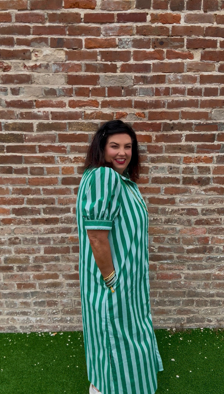 Green stripe ruffle midi dress in reg. &amp; plus sizes, featuring vertical stripes, a collar, puff sleeves, and ruffle detailing.