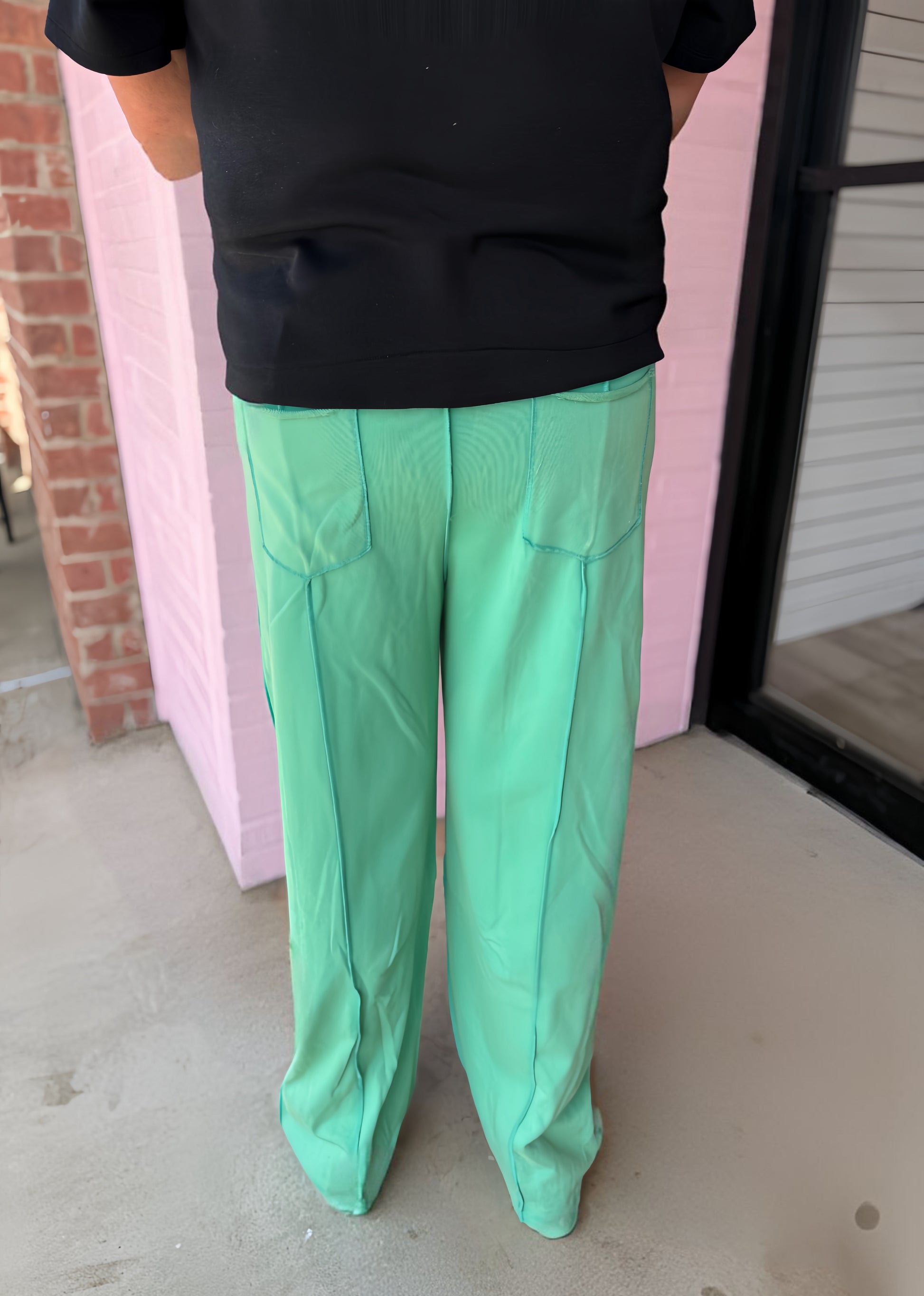 Mineral Wash Barrel Fit Utility Knit Pants, loose light green French terry knit. Available in sizes XS–XL.