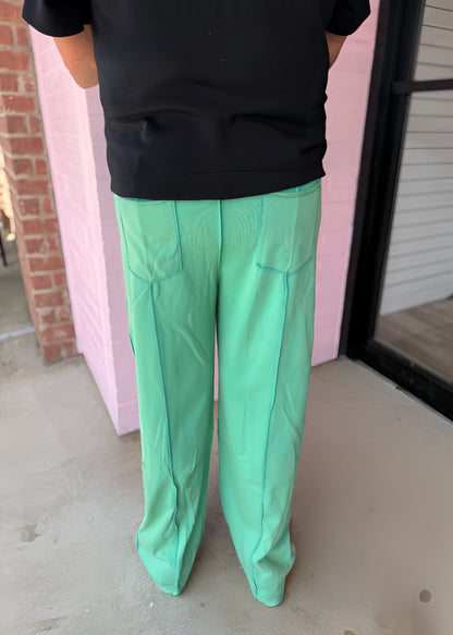 Mineral Wash Barrel Fit Utility Knit Pants, loose light green French terry knit. Available in sizes XS–XL.