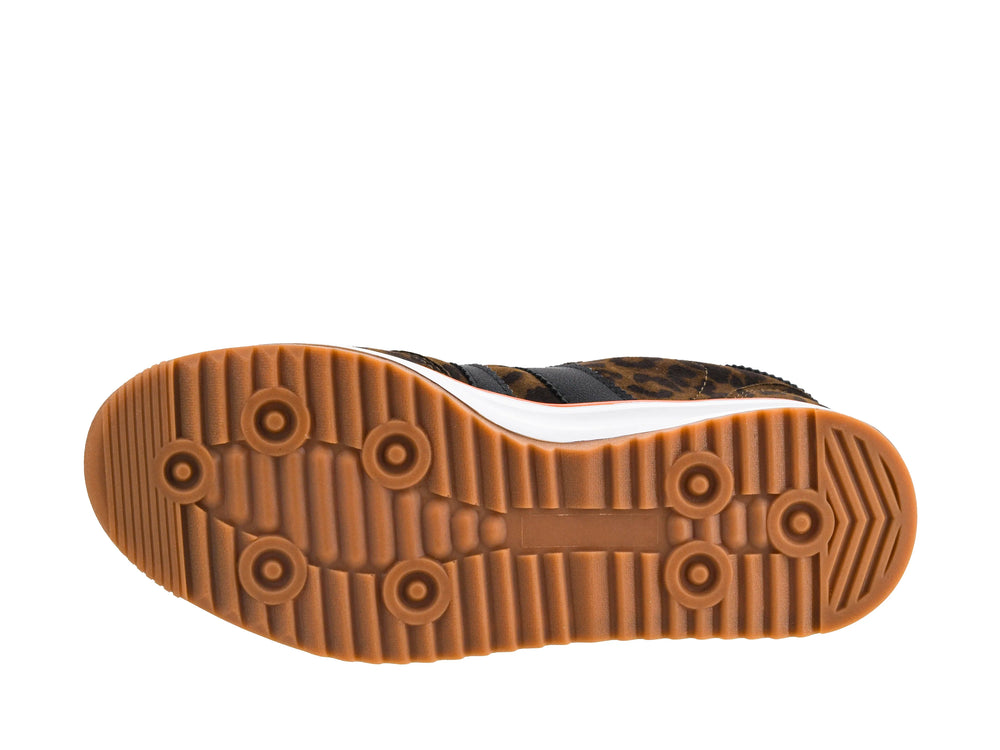 Run It Back leopard print casual sneakers with brown grooved rubber soles.