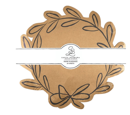 Pack of 24 scalloped kraft paper place mats with black leaf design, each sheet approx. 15"x11", held by white label.