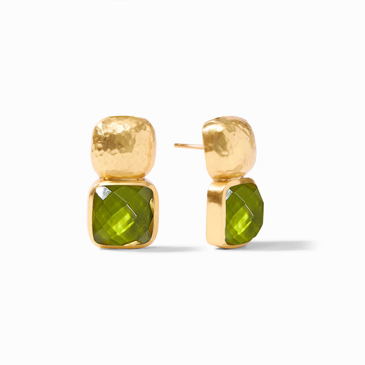 Catalina Earrings: gold-plated, hammered square tops with faceted iridescent green stones in square frames. Sizes: not specified.
