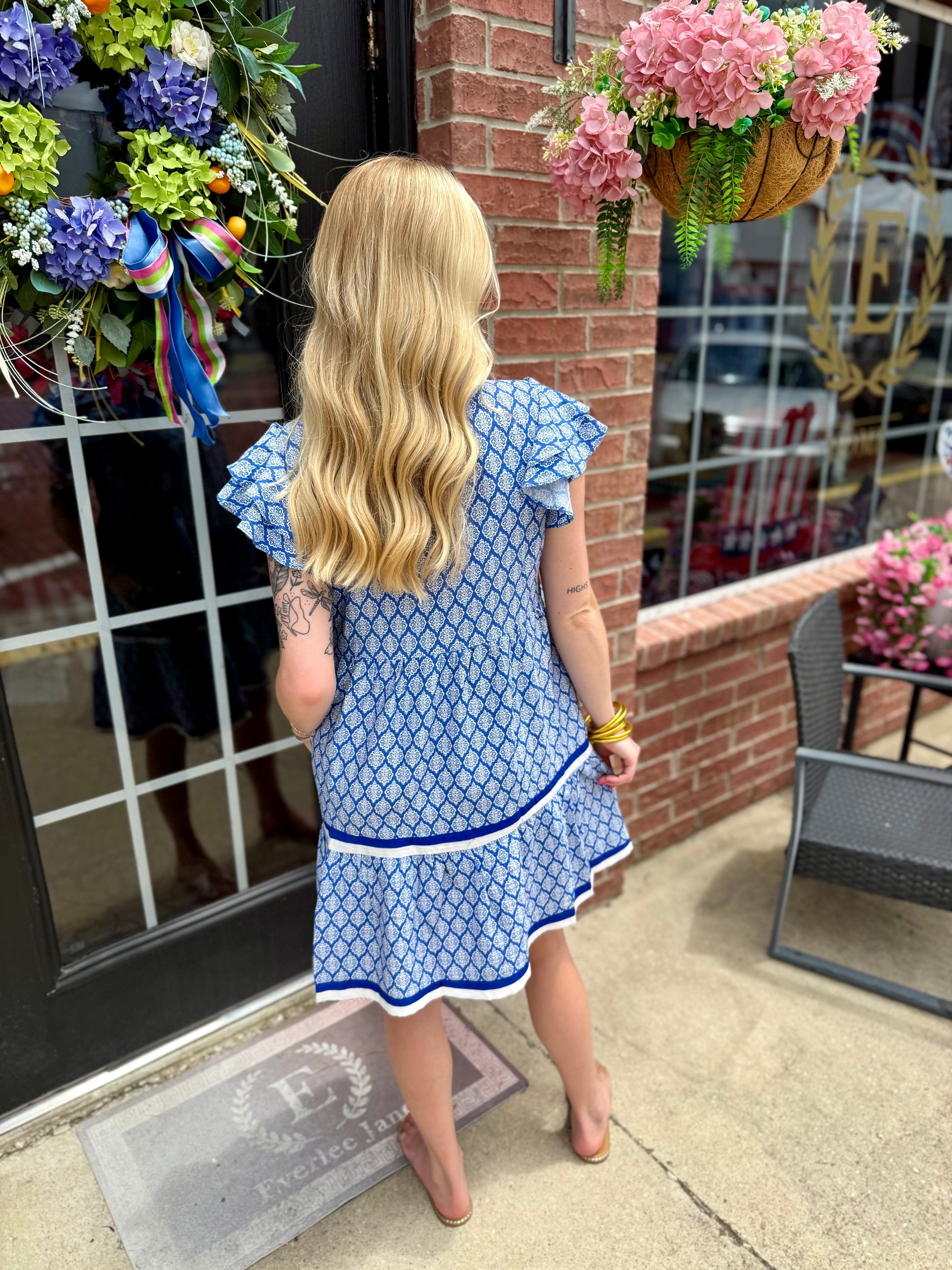 Royal Blue Baroque Pattern Tiered Dress; available in sizes XS–XL. Features layered tiers and elegant baroque design.