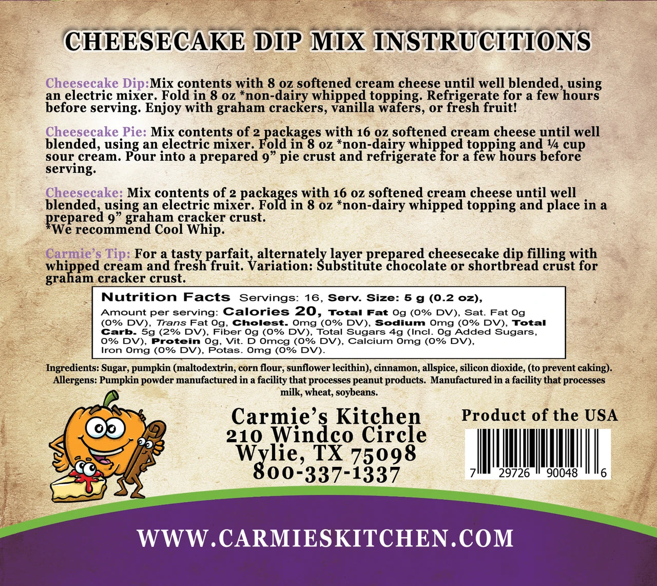 Back of a Carmie’s Pumpkin Spice Cheesecake Dip Mix packet, showing product details and instructions. Available in single-packet size.