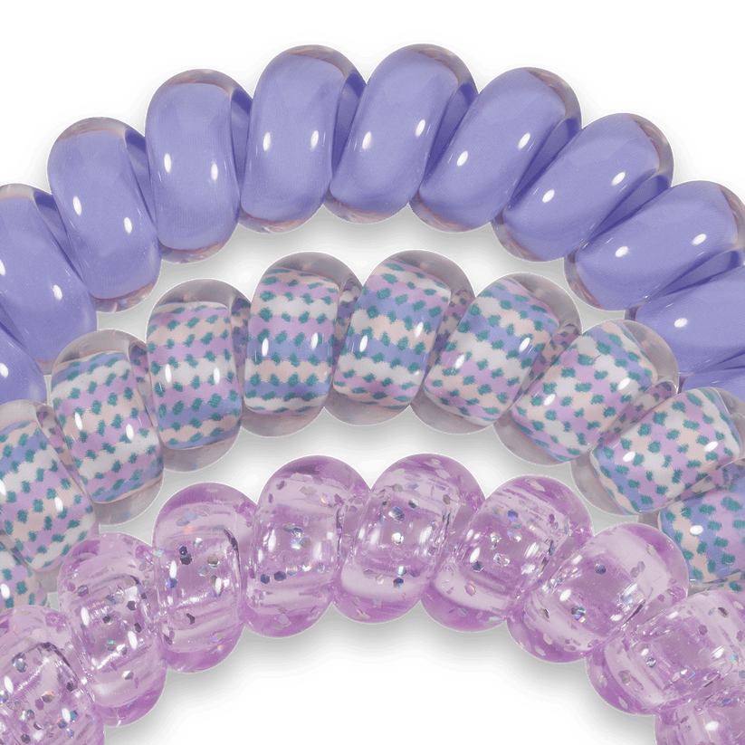 Set of 3 Lavender Mist TELETIES: solid lavender, clear with pastel dots, light purple with glitter. Available in multiple sizes.