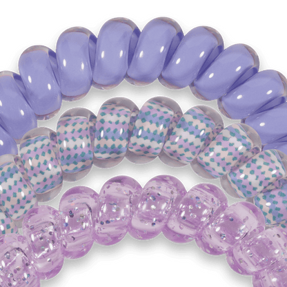 Set of 3 Lavender Mist TELETIES: solid lavender, clear with pastel dots, light purple with glitter. Available in multiple sizes.